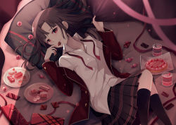 Rule 34 | 1girl, bed sheet, black skirt, black socks, brown hair, candy, chocolate, chocolate heart, collared shirt, dress shirt, food, hair intakes, heart, jacket, kneehighs, long hair, long sleeves, looking at viewer, lying, miniskirt, mouth hold, naru (kts5584), on back, open clothes, open jacket, original, parted lips, pillow, pink ribbon, pleated skirt, red eyes, red jacket, ribbon, school uniform, shirt, skirt, socks, solo, white shirt, wing collar
