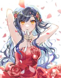 Rule 34 | 1girl, absurdres, adjusting hair, aozora ni negau your happiness! (project sekai), bare arms, bare shoulders, black hair, blush, commentary, dress, dress flower, falling petals, flower, gown, highres, jewelry, long hair, looking at viewer, mouth hold, narugrm, necklace, petals, project sekai, red dress, red flower, red rose, ribbon, ribbon in mouth, rose, shiraishi an, smile, solo, strapless, strapless dress, upper body, white ribbon, yellow eyes