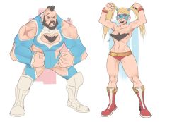 Rule 34 | 1boy, 1girl, beard, black hair, blonde hair, breasts, capcom, chest hair, cleavage cutout, clothing cutout, conto, cosplay, costume switch, domino mask, facial hair, flexing, heart, heart cutout, male swimwear, mask, mohawk, muscular, navel, rainbow mika, red male swimwear, red swim briefs, scar, stomach, street fighter, street fighter v, swim briefs, swimsuit, topless, twintails, wrestling outfit, zangief
