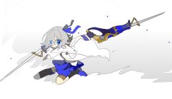 Rule 34 | 1girl, badge, black socks, blue eyes, blue footwear, blue ribbon, blue skirt, chibi, chinese commentary, coat, coat lift, coattails, commentary request, dual wielding, fighting stance, gloves, grey background, grey hair, grey ribbon, hair ribbon, highres, holding, holding sword, holding weapon, kneehighs, long sleeves, miniskirt, no mouth, on one knee, open clothes, open coat, original, purple gloves, ribbon, shoes, short hair, skirt, socks, solo, sword, tiankong yiji, two-tone background, two-tone ribbon, weapon, weapon request, white background, white coat, wide sleeves