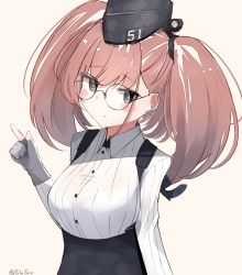 Rule 34 | 1girl, absurdres, anchor hair ornament, atlanta (kancolle), bespectacled, black hat, blush, bra visible through clothes, breasts, brown hair, dress shirt, earrings, garrison cap, glasses, gloves, grey eyes, grey gloves, hair ornament, hat, high-waist skirt, highres, index finger raised, jewelry, kantai collection, large breasts, long hair, long sleeves, looking at viewer, partially fingerless gloves, shirt, simple background, skirt, solo, star (symbol), star earrings, suspender skirt, suspenders, two side up, upper body, white background, white shirt, yukikasa (ro-ga-o-y)