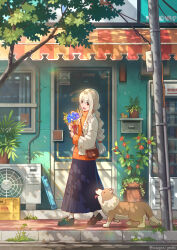 Rule 34 | 1girl, :d, air conditioner, awning, bag, black footwear, black skirt, bouquet, braid, commentary request, dappled sunlight, day, dog, doorway, flower, hanagamigendai, handbag, highres, holding, holding bouquet, jacket, light brown hair, long hair, long sleeves, open mouth, orange sweater, original, outdoors, red eyes, road, skirt, smile, standing, street, sunlight, sweater, tongue, tongue out, tree, turtleneck, turtleneck sweater, twitter username, utility pole, white jacket, window