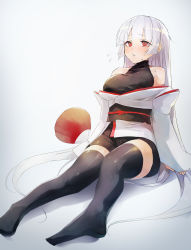 Rule 34 | 1girl, arm support, arms at sides, bare shoulders, bike shorts, black thighhighs, blunt bangs, blush, bodysuit, breasts, collarbone, commentary request, full body, hand fan, highres, japanese clothes, large breasts, lips, long hair, looking up, off shoulder, original, red eyes, silver hair, simple background, sitting, soles, solo, sweat, sweatdrop, taishi (picchiridou), thighhighs, thighs, tsuru-chan, very long hair, zettai ryouiki