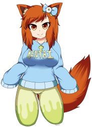Rule 34 | 1girl, animal ears, blue sweater, blush, bow, breasts, brown eyes, brown hair, cat ears, cat girl, cat tail, clothes writing, cross, cross necklace, eyeball hair ornament, green pants, hair bow, hair ornament, highres, jewelry, large breasts, long hair, long sleeves, looking at viewer, necklace, pants, pokumii, sleeves past wrists, smile, standing, sweater, tail, transparent background