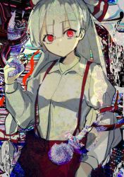 Rule 34 | 1girl, :/, abstract background, aura, baggy pants, blunt bangs, bow, collared shirt, commentary, fujiwara no mokou, head tilt, kujikimi, long hair, long sleeves, looking at viewer, multicolored bow, pants, psychedelic, puffy long sleeves, puffy sleeves, red bow, red eyes, red pants, red ribbon, ribbon, shirt, solo, suspenders, touhou, very long hair, white bow, white hair, white shirt