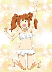 1girl :d arm_up barefoot brown_hair closed_eyes feet female_focus idolmaster idolmaster_(classic) navel open_mouth short_hair short_twintails smile solo swimsuit takatsuki_yayoi twintails zerosu_(take_out)