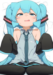 Rule 34 | 1girl, abmayo, absurdres, aged down, aqua hair, bare shoulders, black skirt, black sleeves, black thighhighs, blue eyes, blue necktie, blush, check commentary, commentary request, detached sleeves, flat chest, green hair, green necktie, grey shirt, hair ornament, hatsune miku, highres, long hair, looking at viewer, miniskirt, necktie, open mouth, oversized clothes, pleated skirt, shirt, sitting, skirt, sleeveless, sleeveless shirt, sleeves past fingers, sleeves past wrists, solo, sweat, thighhighs, tie clip, twintails, very long hair, vocaloid, wariza