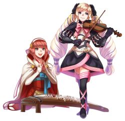 Rule 34 | 2girls, blonde hair, bob cut, clapping, conmimi, dress, drill hair, elbow gloves, elise (fire emblem), fire emblem, fire emblem fates, gloves, instrument, japanese clothes, koto (instrument), multiple girls, nintendo, pink hair, sakura (fire emblem), simple background, smile, violin, white background