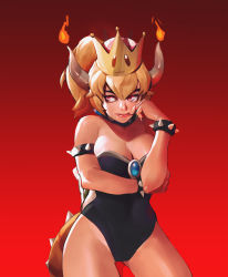 Rule 34 | 1girl, absurdres, armlet, bare legs, bare shoulders, black collar, black leotard, blonde hair, blue eyes, bowsette, bracelet, breasts, cleavage, collar, commentary, cowboy shot, earrings, english commentary, eyeliner, fang, fingernails, fire, gem, highres, horns, jewelry, large breasts, leotard, lips, makeup, mario (series), medium hair, new super mario bros. u deluxe, nintendo, playboy bunny, pointy ears, ponytail, red background, sanefox, sharp fingernails, solo, spiked armlet, spiked bracelet, spiked shell, spiked tail, spikes, strapless, strapless leotard, studded collar, super crown, tail, thighs, turtle shell