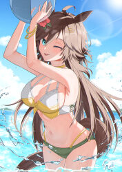 Rule 34 | 1girl, absurdres, ahoge, alternate costume, animal ears, armpits, arms up, ball, beachball, bikini, blue eyes, blue sky, bracelet, breasts, brown hair, cleavage, closed mouth, cloud, cloudy sky, commentary request, cowboy shot, cross-laced bikini, cross-laced clothes, flower, hair between eyes, hair flower, hair ornament, hairclip, halterneck, hibiscus, highres, holding, holding ball, holding beachball, horse ears, horse girl, horse tail, jewelry, large breasts, lens flare, long hair, looking at viewer, mr. c.b. (umamusume), navel, no headwear, ocean, one eye closed, outdoors, partially submerged, sideboob, sky, smile, solo, sui (h14 draw), swimsuit, tail, tongue, tongue out, umamusume, very long hair, water, wet, white bikini