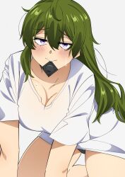 Rule 34 | 1girl, :&gt;, all fours, alternate hairstyle, black panties, blush, breasts, cleavage, commentary, condom, condom in mouth, condom wrapper, eyelashes, furrowed brow, green hair, hair down, highres, jitome, kneeling, large breasts, long hair, looking at viewer, mouth hold, panties, purple eyes, sakura 1110ssmm, shirt, short sleeves, simple background, solo, sousou no frieren, thighs, ubel (sousou no frieren), underwear, variant set, white background, white shirt