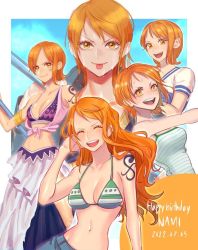 Rule 34 | 1girl, :p, armlet, bikini, bikini top only, blue sky, breasts, character name, cleavage, dancer, dated, denim, happy birthday, jeans, long hair, looking at viewer, midriff, multiple views, nami (one piece), navel, nicoliarts, one piece, open mouth, orange eyes, orange hair, pants, shirt, short hair, shoulder tattoo, skirt, sky, swimsuit, t-shirt, tank top, tattoo, tongue, tongue out