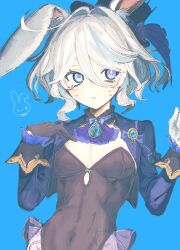 Rule 34 | 1girl, ahoge, alternate costume, animal ear fluff, animal ears, ascot, black gloves, black leotard, blue ascot, blue background, blue eyes, blue hair, blue nails, blush, breasts, covered navel, frilled leotard, frills, furina (genshin impact), genshin impact, gloves, hair between eyes, hat, highres, komiroku, leotard, long sleeves, looking at viewer, mismatched pupils, multicolored hair, nail polish, playboy bunny, rabbit ears, small breasts, solo, sweat, top hat, upper body, white gloves, white hair