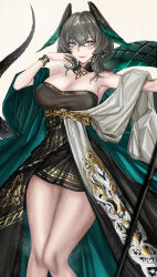 Rule 34 | 1girl, absurdres, aqua nails, arknights, bare shoulders, black dress, blush, bracelet, commentary, dress, feet out of frame, green eyes, grey hair, grin, head wings, highres, ho&#039;olheyak (arknights), ho&#039;olheyak (carriage of the winds of time) (arknights), jewelry, looking at viewer, minuolin, nail polish, official alternate costume, shawl, short hair, smile, solo, standing, strapless, strapless dress, thighs, wings