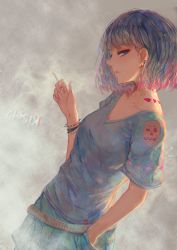 Rule 34 | 1girl, belt, blue eyes, blue hair, blue shirt, cigarette, commentary, dutch angle, ear piercing, earrings, from side, hand in pocket, highres, holding, holding cigarette, jewelry, kisei2, looking at viewer, looking to the side, multicolored hair, original, pants, piercing, pink hair, profile, shirt, smoke, smoking, solo, standing