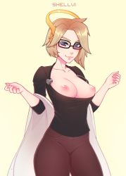 Rule 34 | 1girl, absurdres, alternate costume, artist name, black-framed eyewear, black shirt, blonde hair, blue eyes, breasts, breasts out, cape, collarbone, commentary, cowboy shot, glasses, halo, hands up, highres, large breasts, long sleeves, looking at viewer, mechanical halo, mercy (overwatch), nipples, overwatch, overwatch 1, pants, red pants, shellvi, shirt, short hair, smile, solo, stethoscope, white cape, yellow background