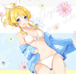 Rule 34 | 10s, 1girl, 6u (eternal land), :d, ayase eli, bad id, bad pixiv id, bikini, blonde hair, blue eyes, blue jacket, bow, breasts, character name, cleavage, diagonal stripes, dutch angle, eyebrows, floral background, hair bow, jacket, long hair, long sleeves, looking at viewer, love live!, love live! school idol festival, love live! school idol project, medium breasts, navel, off shoulder, open clothes, open jacket, open mouth, ponytail, ribbon, side-tie bikini bottom, sidelocks, smile, solo, standing, stomach, striped, swimsuit, unzipped, white bikini, white ribbon