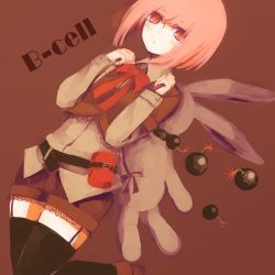 Rule 34 | 1girl, bad id, bad pixiv id, bag, belt, bomb, bow, bowtie, brown background, explosive, lemontea, original, pink hair, rabbit, red eyes, shorts, simple background, solo, thighhighs