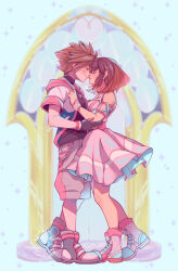Rule 34 | 1boy, 1girl, artist name, black gloves, brown hair, candicornart, closed eyes, commentary, dress, earrings, english commentary, face-to-face, gloves, hetero, hood, jewelry, kairi (kingdom hearts), kingdom hearts, medium hair, multicolored clothes, pink dress, pink footwear, red hair, ring, short sleeves, smile, sora (kingdom hearts)