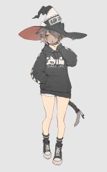 Rule 34 | animal ears, black socks, brown eyes, commentary request, cutoffs, full body, grey background, grey hair, hair over one eye, hand in pocket, hat, highres, hood, hooded sweater, hoodie, long sleeves, mask, mogumo, mouth mask, open mouth, original, shoes, short hair, short shorts, shorts, simple background, sneakers, socks, solo, standing, surgical mask, sweater, tail, witch hat