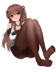 Rule 34 | 1girl, bad id, bad pixiv id, bare shoulders, black collar, black panties, blue skirt, blush, breasts, brown eyes, brown hair, cleavage, collar, detached collar, dokomon, feet, full body, girls&#039; frontline, hair between eyes, hair ornament, hairclip, highres, k2 (girls&#039; frontline), long hair, long sleeves, medium breasts, no shoes, one side up, open mouth, panties, panties under pantyhose, pantyhose, simple background, skirt, soles, solo, thighband pantyhose, underwear, very long hair, white background