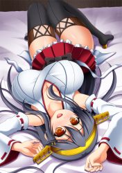 Rule 34 | 10s, 1girl, black hair, blush, boots, breasts, cleavage, detached sleeves, female focus, hair ornament, hairband, haruna (kancolle), headgear, japanese clothes, kantai collection, large breasts, long hair, lying, militia minpei, nontraditional miko, on back, on bed, skirt, smile, solo, thigh boots, thighhighs, upside-down, zettai ryouiki
