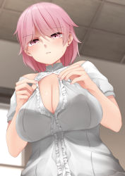 Rule 34 | 1girl, bad id, bad pixiv id, blouse, blush, breasts, giuseppe garibaldi (kancolle), kantai collection, large breasts, looking at viewer, looking down, ne an ito, open mouth, pink eyes, pink hair, shirt, short hair, short sleeves, solo, white shirt, window