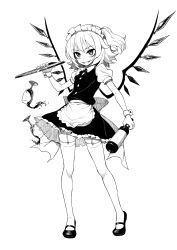 Rule 34 | 1girl, alternate costume, apron, bottle, buttons, cup, drinking glass, enmaided, fangs, fkey, flandre scarlet, full body, garter straps, greyscale, highres, legs apart, looking at viewer, maid, maid headdress, mary janes, miniskirt, monochrome, puffy short sleeves, puffy sleeves, shoes, short sleeves, simple background, skirt, smile, smirk, solo, standing, thighhighs, touhou, tray, vest, white background, wing collar, wings, wrist cuffs