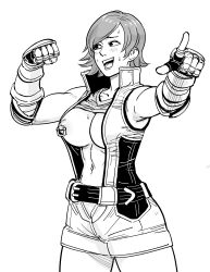 Rule 34 | 1girl, absurdres, bare shoulders, bb (baalbuddy), belt, breasts, clothes lift, elbow pads, fingerless gloves, gloves, highres, jacket, kazama asuka, large breasts, looking to the side, monochrome, navel, nipple piercing, open clothes, open jacket, open mouth, piercing, pointing, pointing at viewer, short hair, simple background, solo, sweat, tekken, tekken 5, tomboy, tube top lift, upper body, white background