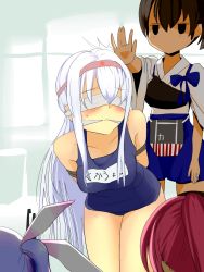 Rule 34 | 10s, 4girls, alternate costume, arms behind back, bdsm, blindfold, blue hair, blush, bondage, bound, bound arms, brown eyes, brown hair, cleave gag, cloth gag, gag, gagged, hair ornament, hair ribbon, hairband, highres, i-168 (kancolle), i-19 (kancolle), improvised gag, ishikkoro, japanese clothes, kaga (kancolle), kantai collection, long hair, multiple girls, muneate, one-piece swimsuit, personification, ponytail, pushing, red hair, ribbon, school swimsuit, short hair, shoukaku (kancolle), side ponytail, silver hair, skirt, swimsuit, translation request, twintails