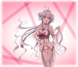Rule 34 | 1girl, ahoge, blush, bra, breasts, cleavage, collarbone, garter belt, garter straps, groin, hand on own hip, highres, large breasts, long hair, looking at viewer, navel, open clothes, open mouth, open shirt, panties, pink background, purple eyes, red bra, senki zesshou symphogear, shirt, simple background, solo, standing, teeth, thighhighs, tongue, twintails, underwear, upper teeth only, white hair, white panties, white shirt, white thighhighs, yukine chris