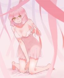Rule 34 | 1other, bare arms, bare legs, bare shoulders, barefoot, bed, breasts, cleavage, collarbone, dress, eyelashes, hair between eyes, jigokuraku, looking at viewer, nightgown, pink dress, pink hair, short hair, silhouette, sleepwear, sleeveless, smile, solo, streamers, tao fa, yellow eyes