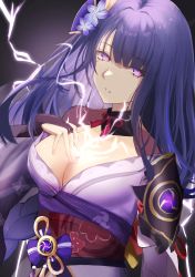 Rule 34 | 1girl, absurdres, armor, breasts, bridal gauntlets, cleavage, commentary request, electricity, floral print, flower, genshin impact, hair ornament, hand on own chest, highres, huge filesize, imblossoms, japanese clothes, kimono, large breasts, long hair, looking at viewer, mitsudomoe (shape), mole, mole under eye, obi, obiage, obijime, open mouth, purple eyes, purple flower, purple hair, raiden shogun, ribbon, sash, shoulder armor, simple background, solo, tassel, tomoe (symbol)