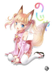 Rule 34 | 1girl, :d, animal ear fluff, animal ears, bare shoulders, bell, between legs, black footwear, blonde hair, blue eyes, blush, bow, chize, commentary request, detached sleeves, fang, fingernails, fox ears, fox girl, fox tail, full body, hair bell, hair ornament, hair ribbon, hairclip, hand between legs, jingle bell, kemomimi oukoku kokuei housou, long hair, long sleeves, looking at viewer, mikoko (kemomimi oukoku kokuei housou), navel, open mouth, pink bow, pleated skirt, red bow, red ribbon, red skirt, ribbon, sandals, sidelocks, sitting, skirt, smile, solo, tail, thighhighs, twintails, virtual youtuber, wariza, white background, white thighhighs, wide sleeves, zouri
