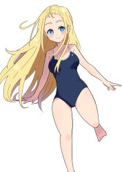 Rule 34 | 1girl, absurdres, barefoot, blonde hair, blue one-piece swimsuit, breasts, competition school swimsuit, feet out of frame, highres, kofune ushio, long hair, looking at viewer, medium breasts, nagumo uka, one-piece swimsuit, school swimsuit, simple background, smile, solo, summertime render, swimsuit, thick eyebrows, white background