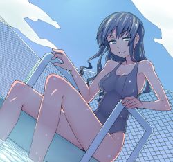 Rule 34 | 1girl, amagami, black hair, blue eyes, breasts, cleavage, competition swimsuit, highres, legs, long hair, long legs, morishima haruka, naughty face, one-piece swimsuit, ossan 331, small breasts, solo, swimsuit, thighs, wet