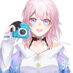 Rule 34 | 1girl, black choker, black gloves, blue eyes, blue jacket, blush, breasts, buttons, camera, chinese commentary, choker, collarbone, commentary request, flower ornament, gloves, hand up, highres, holding, holding camera, honkai: star rail, honkai (series), jacket, large breasts, long sleeves, looking at viewer, march 7th (honkai: star rail), medium breasts, misapit, open mouth, partially fingerless gloves, pink hair, portrait, purple eyes, shirt, simple background, single glove, smile, solo, straight-on, teeth, twitter username, two-tone eyes, upper teeth only, white background, white shirt