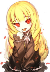 Rule 34 | 1girl, blonde hair, dress, fang, frilled sleeves, frills, kurasuke, long hair, long sleeves, looking at viewer, open mouth, petals, red eyes, simple background, smile, solo, tongue, tongue out, white background, white dress