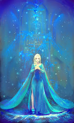 Rule 34 | 1girl, absurdres, asllence, blonde hair, blue dress, braid, dress, elsa (frozen), frozen (disney), full body, gradient background, hair over shoulder, hands on own chest, highres, long hair, looking at viewer, single braid, smile, solo, standing