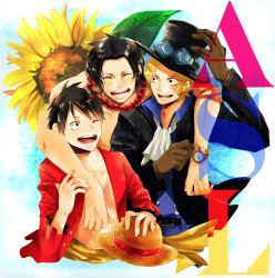 Rule 34 | 3boys, blonde hair, bracelet, brothers, brown hair, ascot, freckles, goggles, goggles on headwear, hat, jewelry, male focus, monkey d. luffy, multiple boys, necklace, one piece, open clothes, open shirt, portgas d. ace, sabo (one piece), scar, shirt, topless male, siblings, smile, straw hat, tattoo, top hat