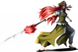 Rule 34 | 1girl, beret, blouse, blue eyes, braid, china dress, chinese clothes, dress, fur, glowing, glowing eyes, green dress, hat, hat ornament, holding, holding polearm, holding weapon, hong meiling, nonopomu, pants, polearm, red hair, shirt, spear, star (symbol), star hat ornament, touhou, twin braids, weapon, white pants, white shirt