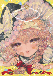 Rule 34 | 1girl, bandages, bandaid, blonde hair, blush, bow, braid, cover, cover page, hair bow, hair ornament, hat, hat ribbon, kirisame marisa, lips, long hair, looking at viewer, lying, on stomach, open mouth, puffy sleeves, ribbon, shirt, short sleeves, side braid, simple background, single braid, smile, solo, star (symbol), takatora, text focus, touhou, turtleneck, white shirt, witch hat, yellow background, yellow eyes