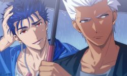 Rule 34 | 2boys, akujiki59, alternate costume, archer (fate), blue hair, casual, cu chulainn (fate), cu chulainn (fate/stay night), dark-skinned male, dark skin, ear piercing, fate/stay night, fate (series), hand in own hair, holding, holding umbrella, looking away, male focus, multiple boys, official style, piercing, ponytail, portrait, red eyes, short hair, smile, spiked hair, umbrella, upper body, wet, wet hair, white hair