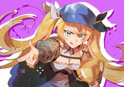 Rule 34 | blonde hair, blue hat, breasts, choker, cleavage, collarbone, colored eyelashes, commentary, dokibird (vtuber), dress, english commentary, eyelashes, finger gun, frilled choker, frills, green eyes, hair between eyes, hat, highres, holding, holding trophy, indie virtual youtuber, jacket, long hair, looking to the side, lynnear, medium breasts, purple background, silhouette, simple background, sparkle, tongue, tongue out, trophy, twintails, upper body, virtual youtuber