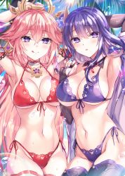 Rule 34 | 2girls, :q, armpits, arms up, bikini, blush, breasts, choker, cleavage, closed mouth, commentary request, fukase ayaka, genshin impact, hair ornament, large breasts, long hair, looking at viewer, multiple girls, nail polish, navel, outdoors, parted lips, pink hair, purple bikini, purple eyes, purple hair, purple nails, purple thighhighs, raiden shogun, red bikini, smile, swimsuit, thighhighs, thighs, tongue, tongue out, underboob, yae miko