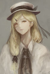 Rule 34 | 1girl, black neckwear, blonde hair, closed mouth, commentary request, hair ornament, hair over shoulder, hairclip, hat, highres, long hair, looking at viewer, marumoru, original, solo, upper body, yellow eyes