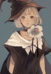 Rule 34 | 1girl, absurdres, blonde hair, faux traditional media, flower, heterochromia, highres, looking at viewer, orchid, orie h, original, short hair, simple background, solo, symbol-shaped pupils, tears, witch
