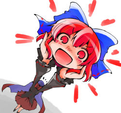 Rule 34 | 1girl, :d, bow, cape, check commentary, disembodied head, hair bow, headless, long sleeves, looking at viewer, open mouth, red eyes, red hair, sekibanki, shinapuu, shirt, skirt, smile, solo, touhou