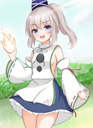 Rule 34 | 1girl, :d, black skirt, blue eyes, blue hat, blue sky, breasts, commentary, frilled skirt, frills, grey hair, hat, highres, japanese clothes, kariginu, kasoka soka, looking at viewer, medium breasts, medium hair, mononobe no futo, open mouth, outdoors, pom pom (clothes), ponytail, ribbon-trimmed sleeves, ribbon trim, sideboob, skirt, sky, smile, solo, tate eboshi, touhou, wide sleeves