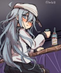 Rule 34 | 10011018, 1girl, alcohol, bar (place), black thighhighs, blush, counter, cup, grey eyes, hair between eyes, hat, hibiki (kancolle), holding, holding cup, kantai collection, long hair, long sleeves, looking at viewer, looking back, one-hour drawing challenge, open mouth, pleated skirt, sailor collar, school uniform, serafuku, shirt, silver hair, sitting, sketch, skirt, solo, thighhighs, twitter username, verniy (kancolle), vodka, white hat